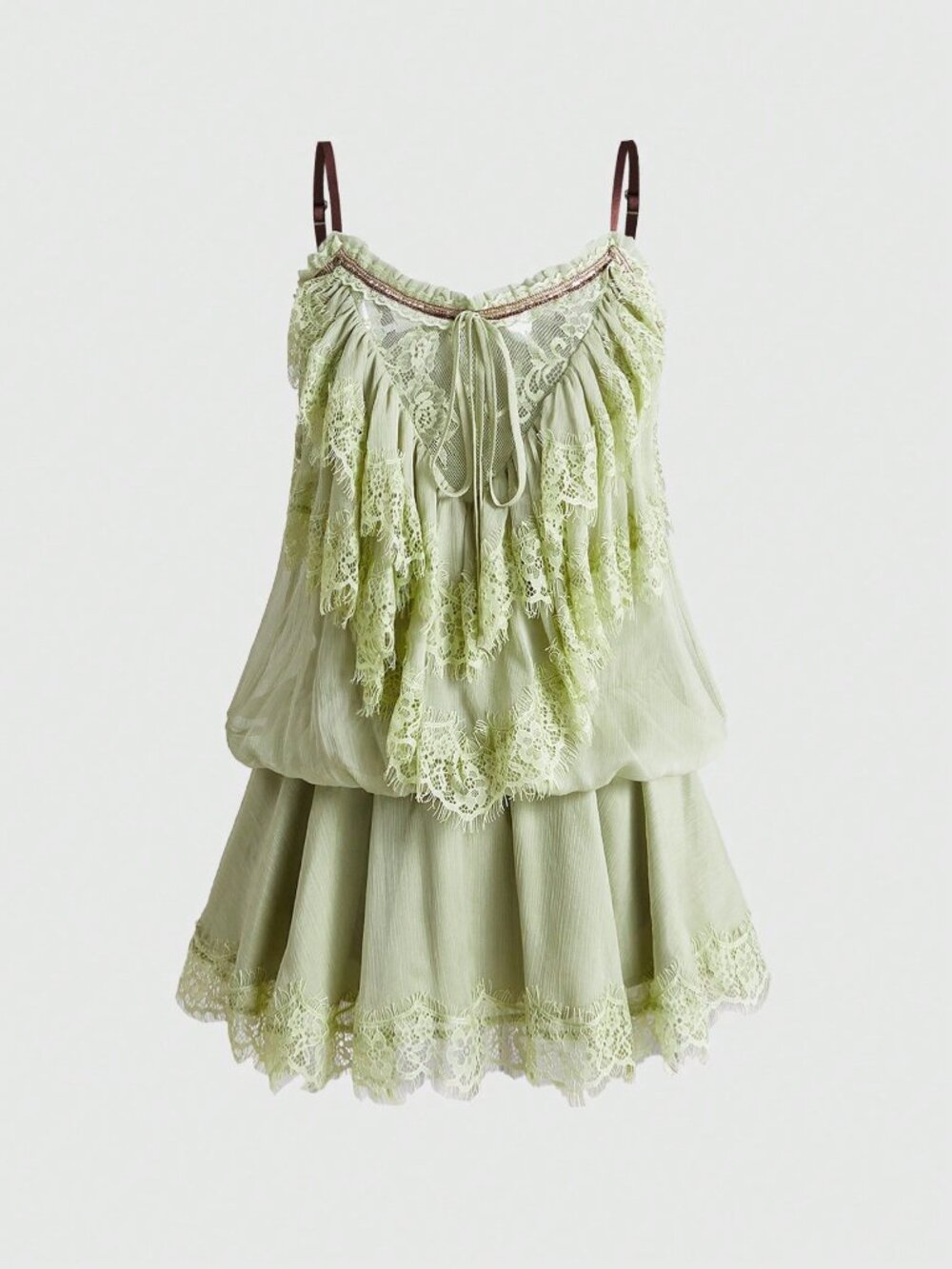 Green Casual Women's Sheer Mesh Lace Spaghetti Strap Short Dress